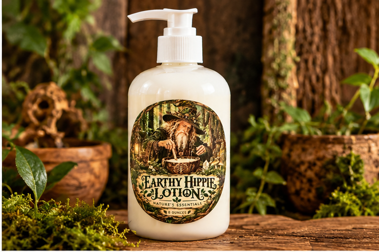 Earthy Hippie Lotion – Handmade 8 oz in rustic botanical setting